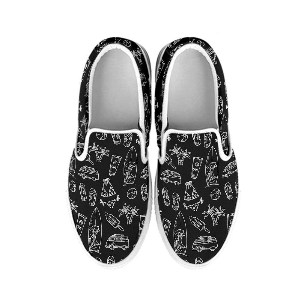 Black White Surfing Pattern Print White Slip On Sneakers