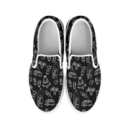 Black White Surfing Pattern Print White Slip On Sneakers