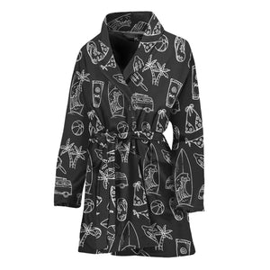 Black White Surfing Pattern Print Women's Bathrobe