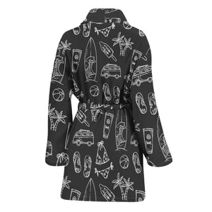 Black White Surfing Pattern Print Women's Bathrobe