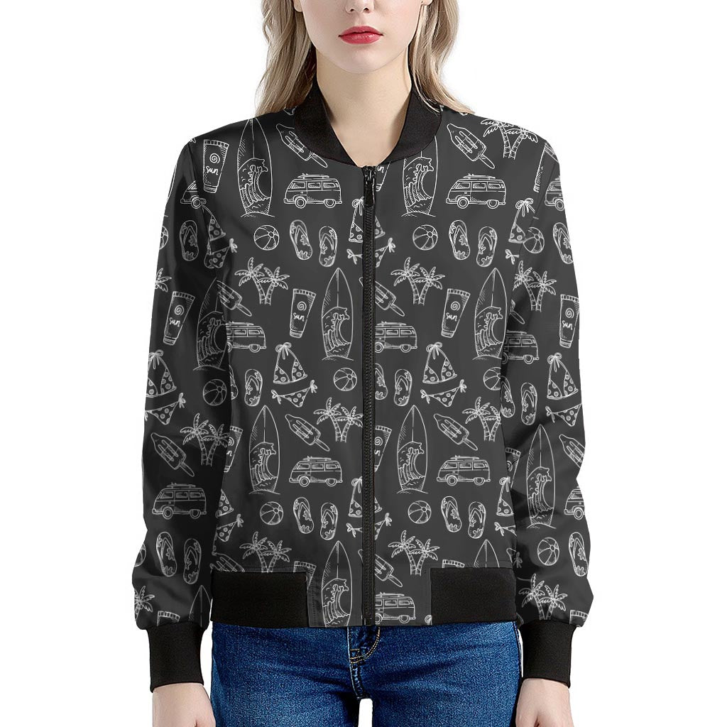 Black White Surfing Pattern Print Women's Bomber Jacket