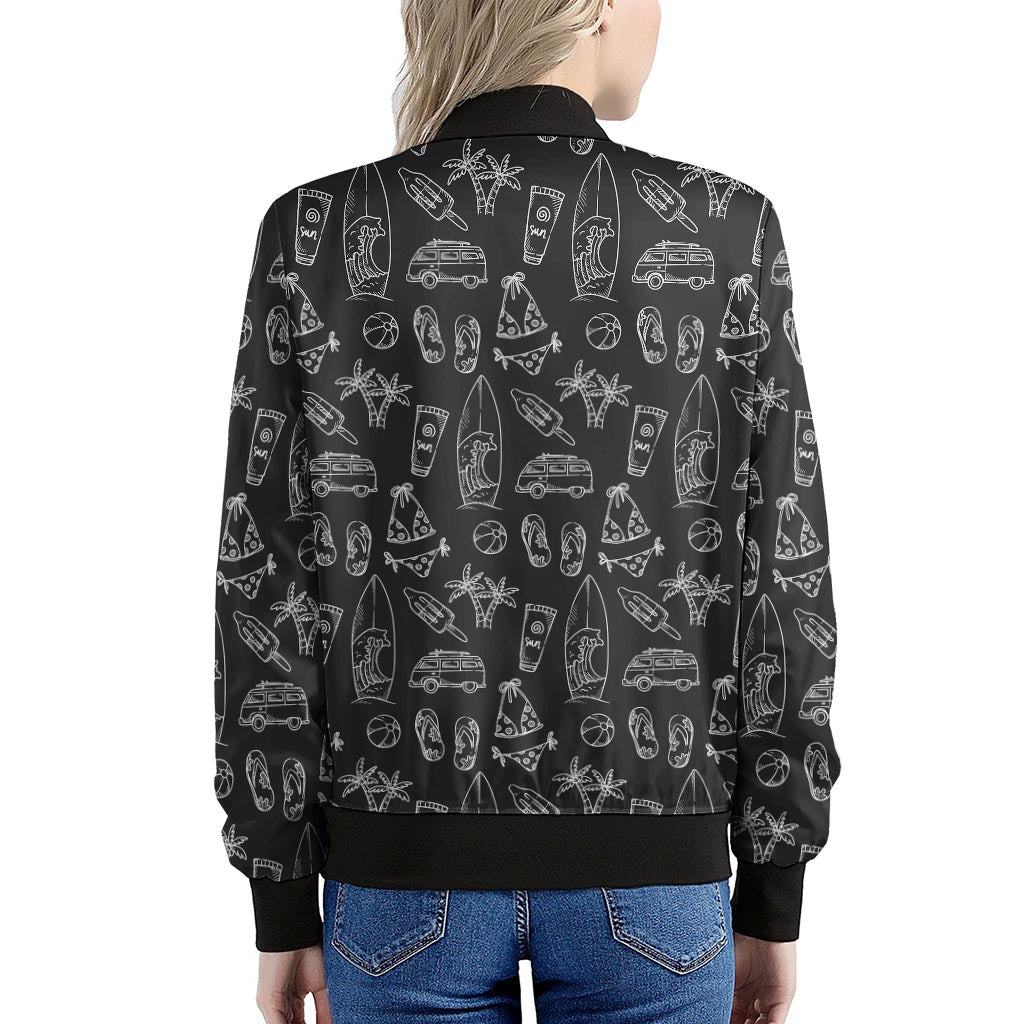 Black White Surfing Pattern Print Women's Bomber Jacket