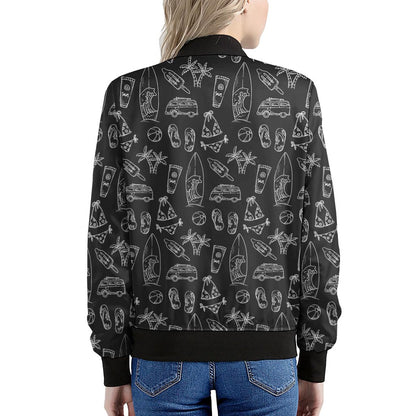 Black White Surfing Pattern Print Women's Bomber Jacket