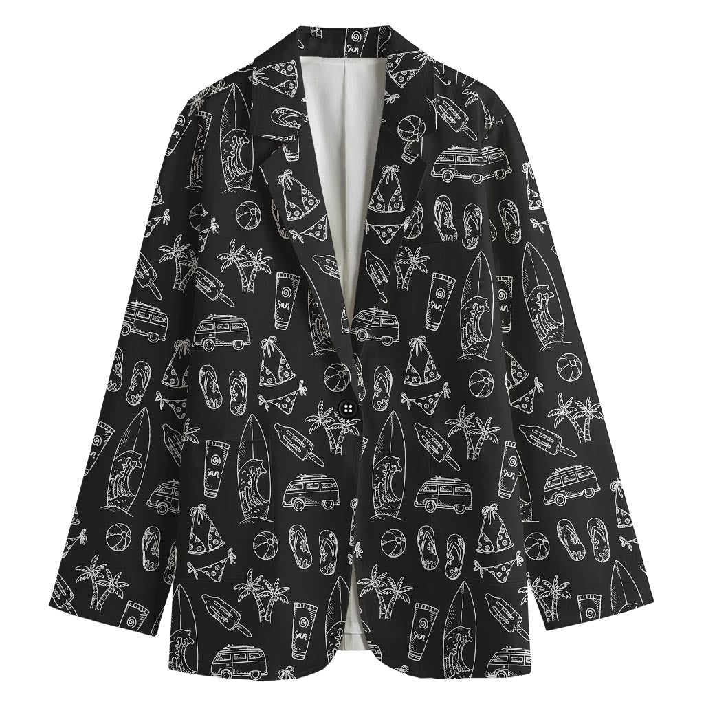 Black White Surfing Pattern Print Women's Cotton Blazer