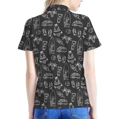 Black White Surfing Pattern Print Women's Polo Shirt