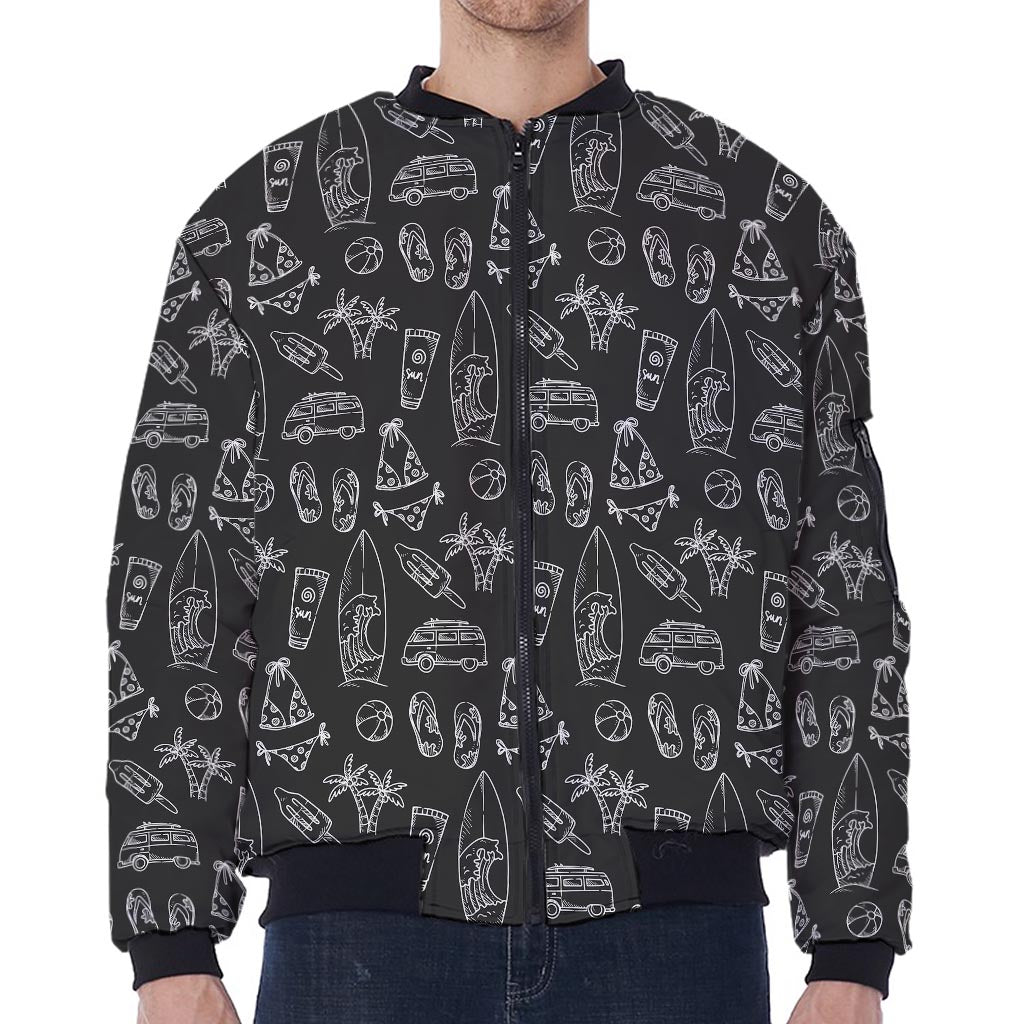 Black White Surfing Pattern Print Zip Sleeve Bomber Jacket