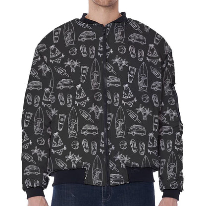 Black White Surfing Pattern Print Zip Sleeve Bomber Jacket