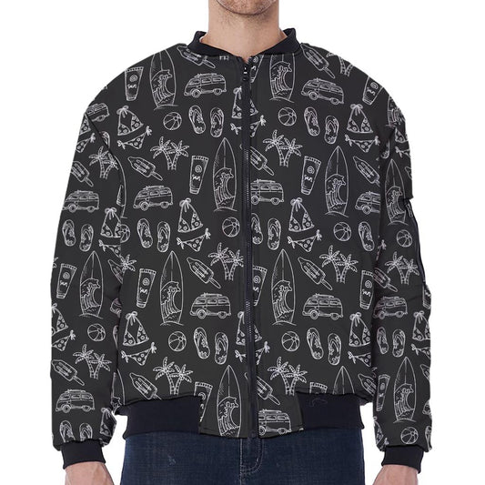 Black White Surfing Pattern Print Zip Sleeve Bomber Jacket