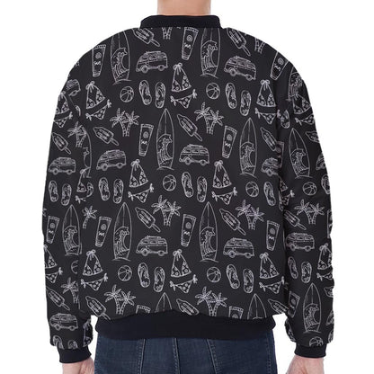 Black White Surfing Pattern Print Zip Sleeve Bomber Jacket