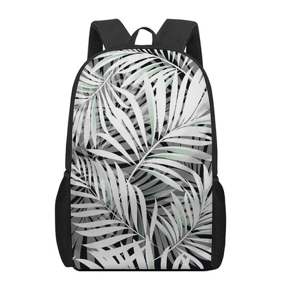 Black White Tropical Leaf Pattern Print 17 Inch Backpack
