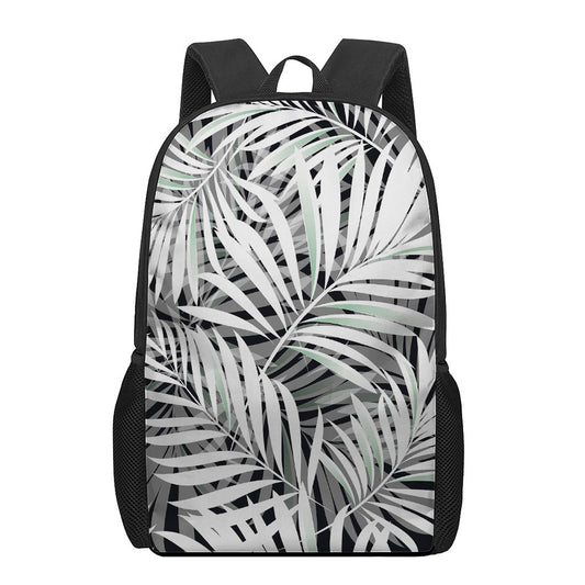 Black White Tropical Leaf Pattern Print 17 Inch Backpack