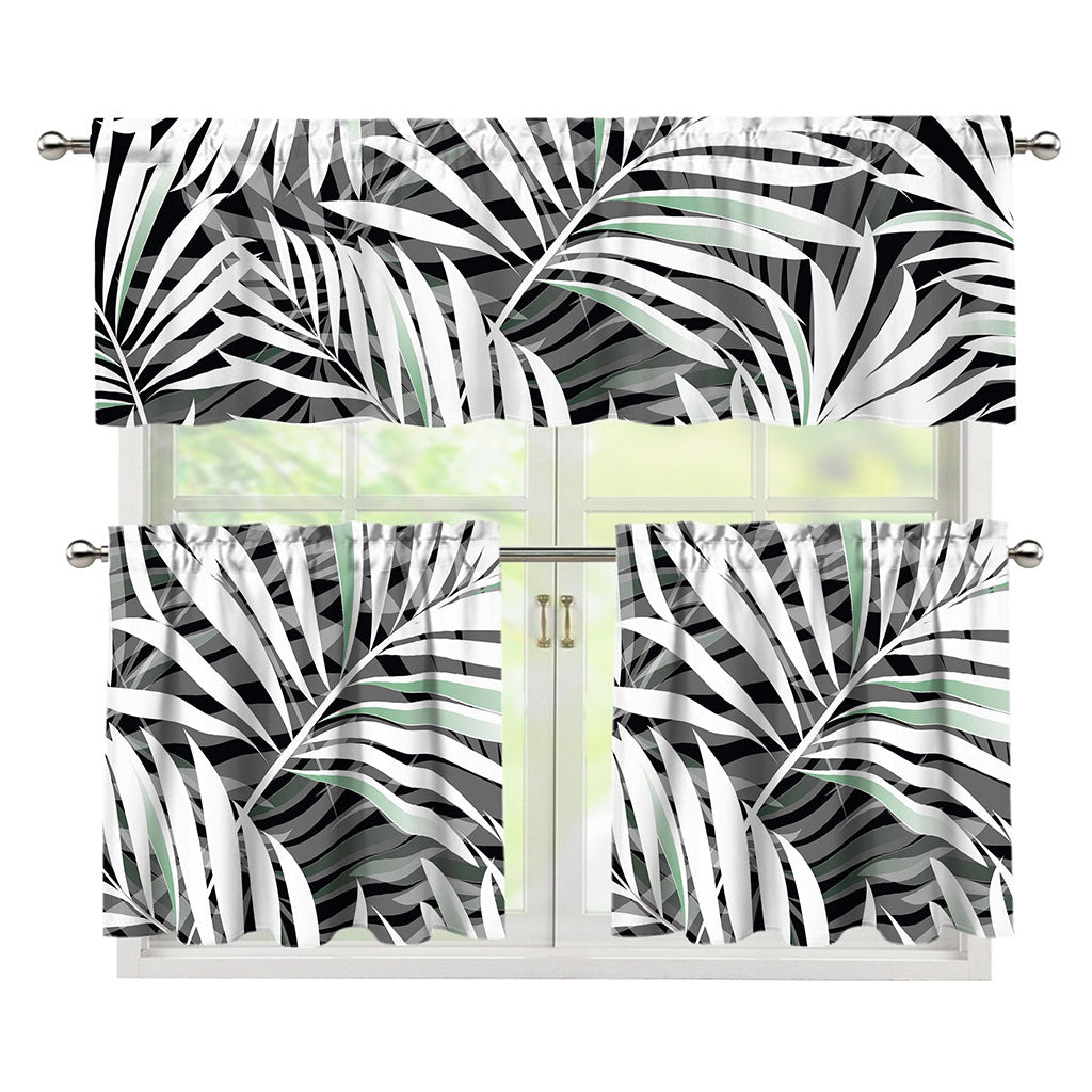 Black White Tropical Leaf Pattern Print 3 Piece Kitchen Curtains