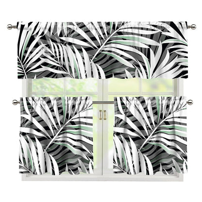 Black White Tropical Leaf Pattern Print 3 Piece Kitchen Curtains