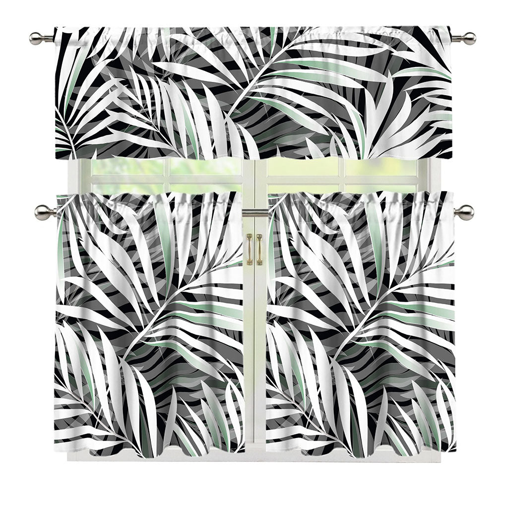 Black White Tropical Leaf Pattern Print 3 Piece Kitchen Curtains