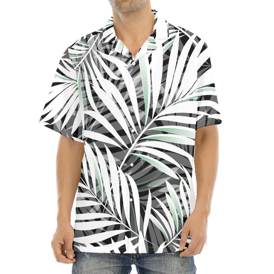 Black White Tropical Leaf Pattern Print Aloha Shirt