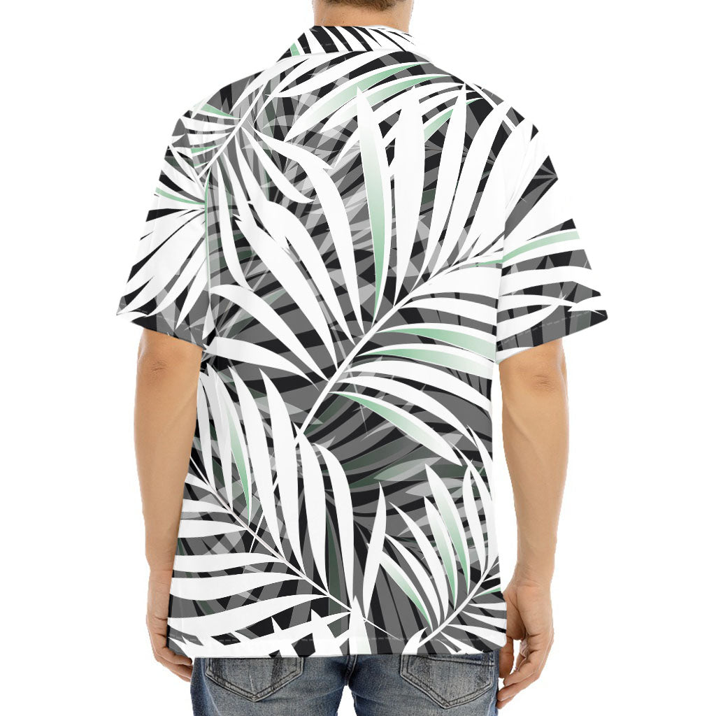 Black White Tropical Leaf Pattern Print Aloha Shirt