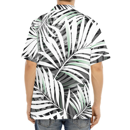 Black White Tropical Leaf Pattern Print Aloha Shirt