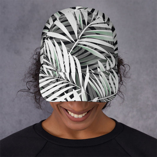 Black White Tropical Leaf Pattern Print Baseball Cap