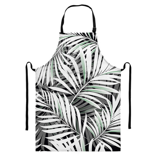 Black White Tropical Leaf Pattern Print Bib Apron With Pocket
