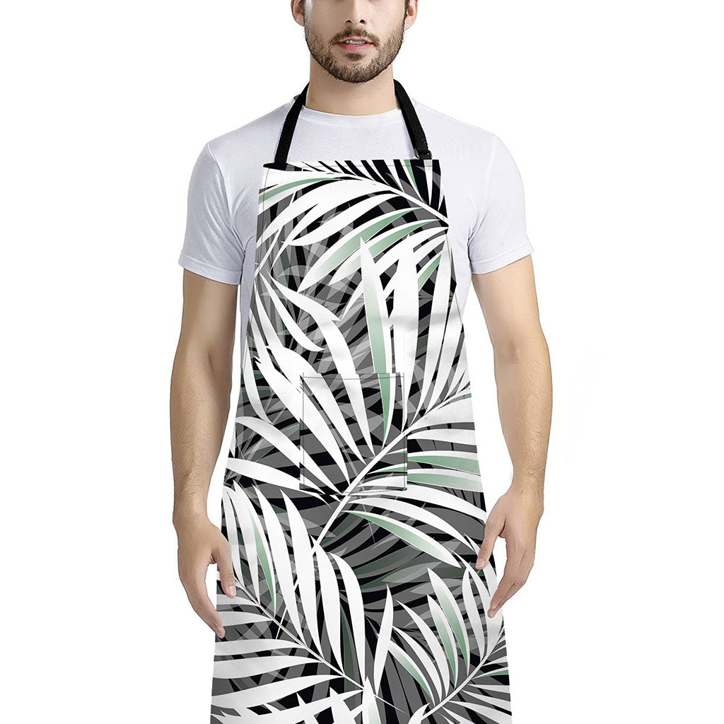 Black White Tropical Leaf Pattern Print Bib Apron With Pocket