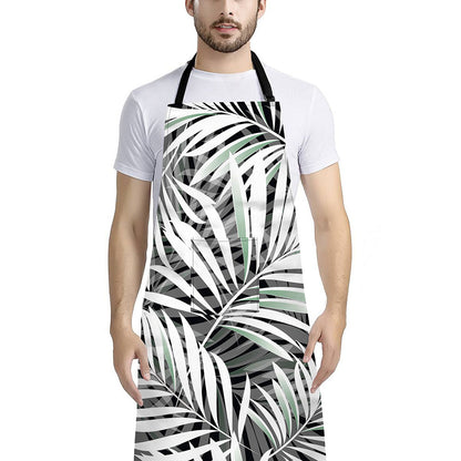 Black White Tropical Leaf Pattern Print Bib Apron With Pocket