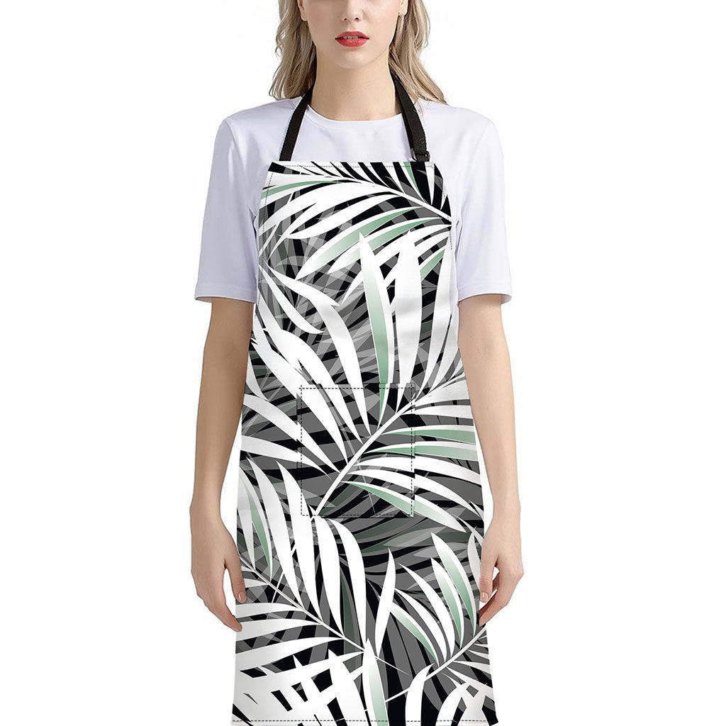 Black White Tropical Leaf Pattern Print Bib Apron With Pocket