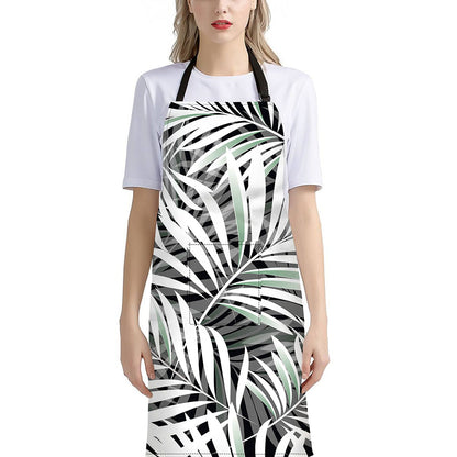 Black White Tropical Leaf Pattern Print Bib Apron With Pocket