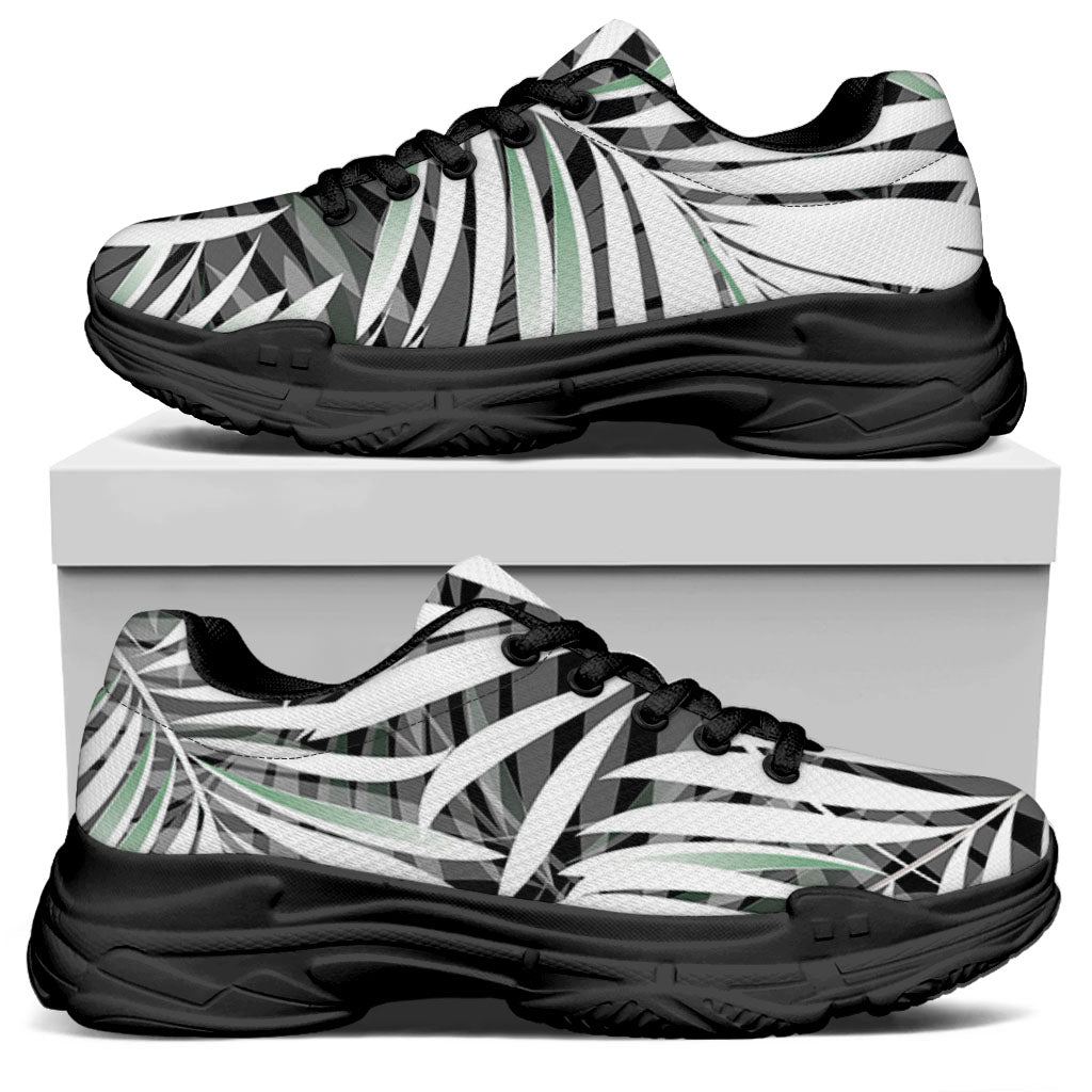 Black White Tropical Leaf Pattern Print Black Chunky Shoes