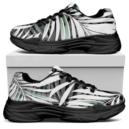 Black White Tropical Leaf Pattern Print Black Chunky Shoes