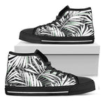 Black White Tropical Leaf Pattern Print Black High Top Sneakers