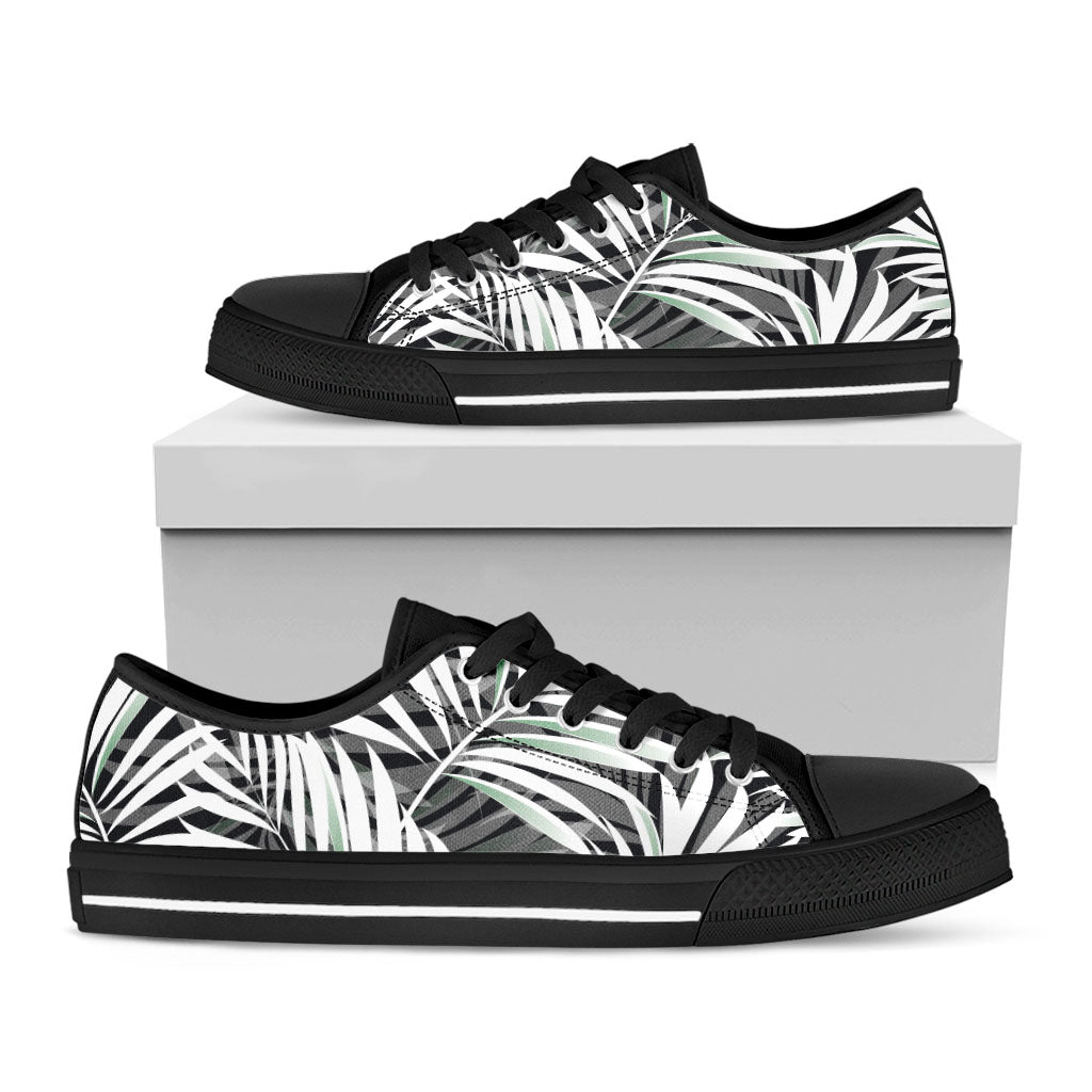 Black White Tropical Leaf Pattern Print Black Low Top Sneakers
