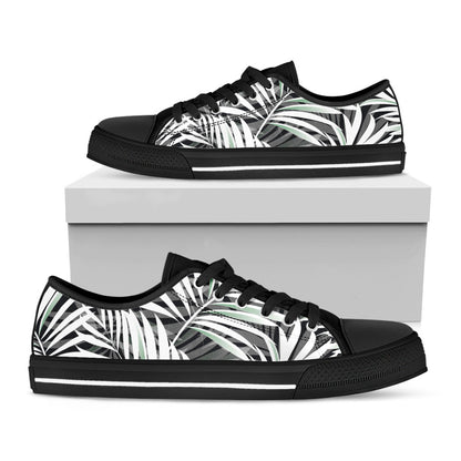 Black White Tropical Leaf Pattern Print Black Low Top Sneakers
