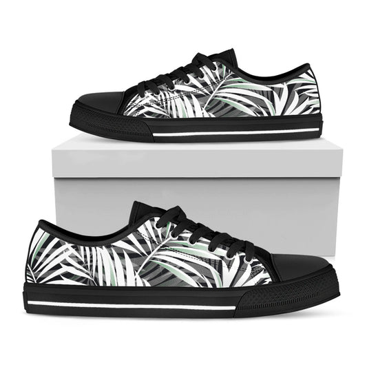 Black White Tropical Leaf Pattern Print Black Low Top Sneakers