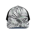 Black White Tropical Leaf Pattern Print Black Mesh Trucker Hat