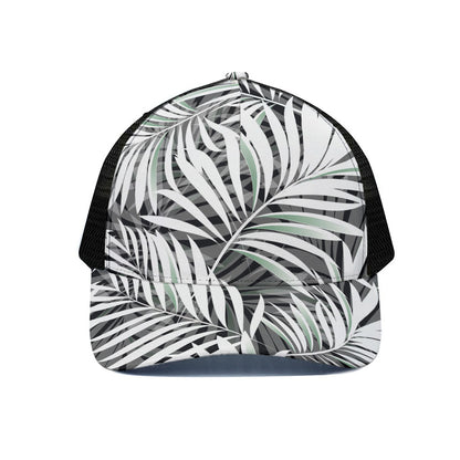 Black White Tropical Leaf Pattern Print Black Mesh Trucker Cap