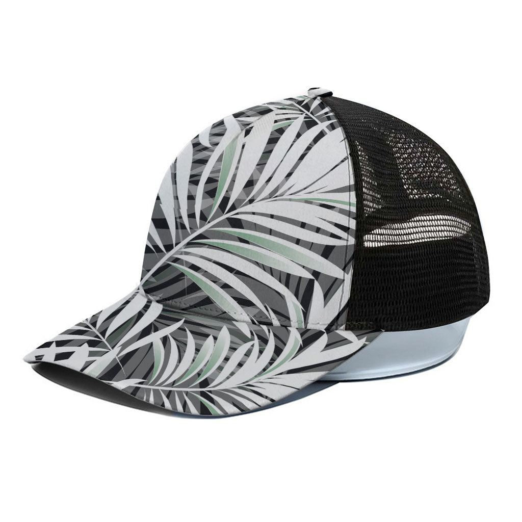 Black White Tropical Leaf Pattern Print Black Mesh Trucker Cap