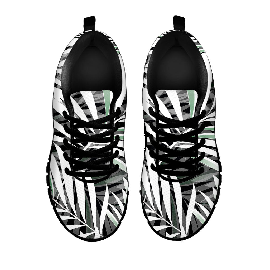 Black White Tropical Leaf Pattern Print Black Running Shoes