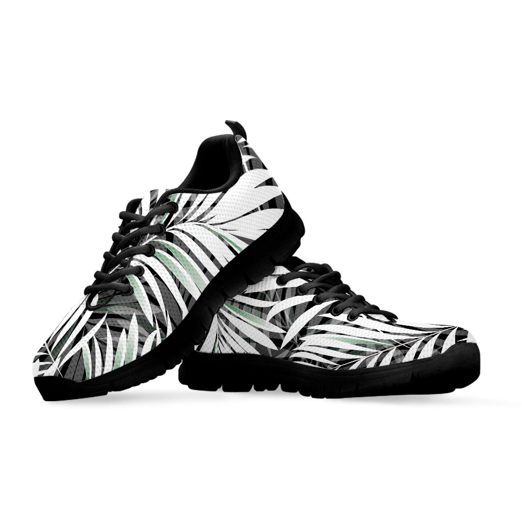 Black White Tropical Leaf Pattern Print Black Running Shoes