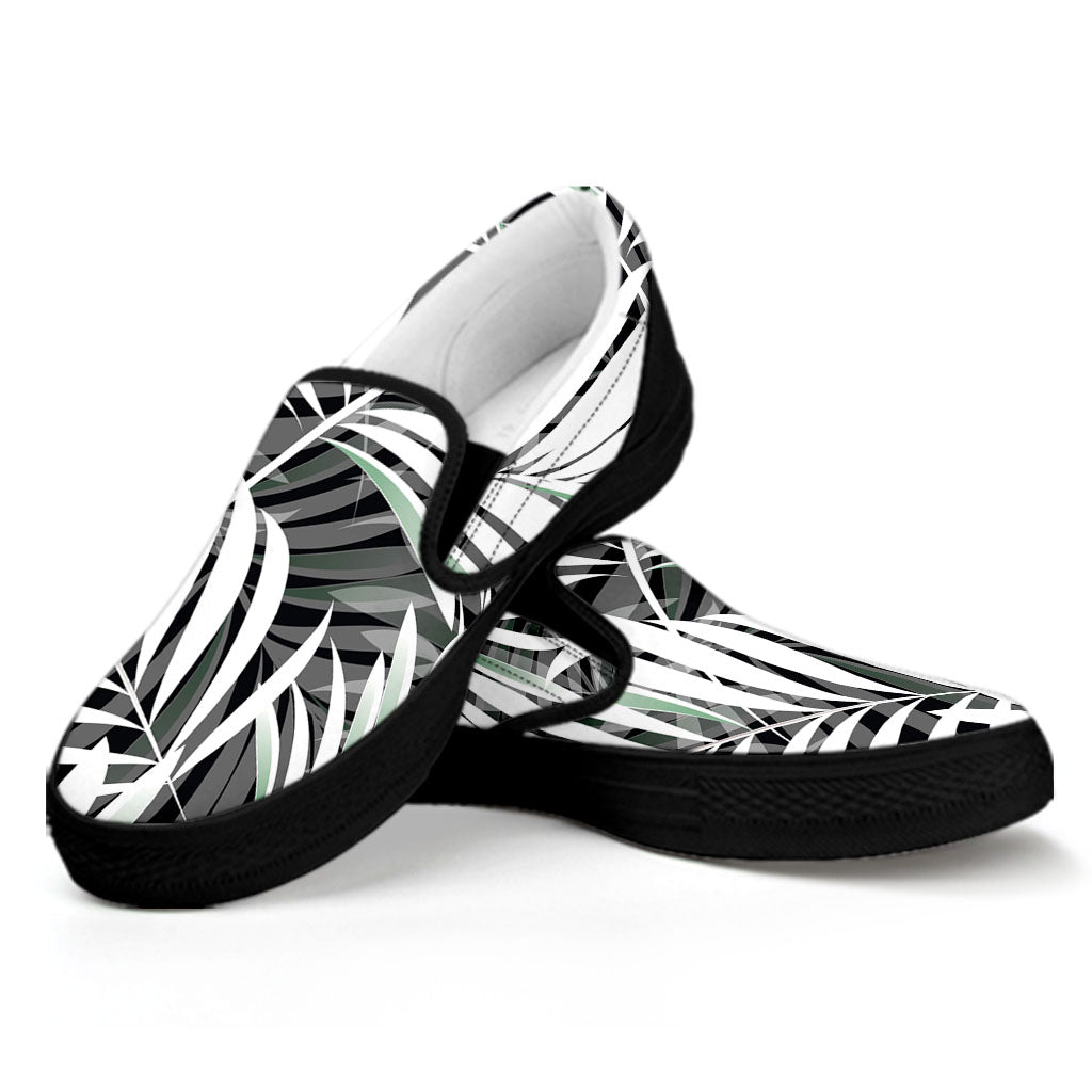 Black White Tropical Leaf Pattern Print Black Slip On Sneakers