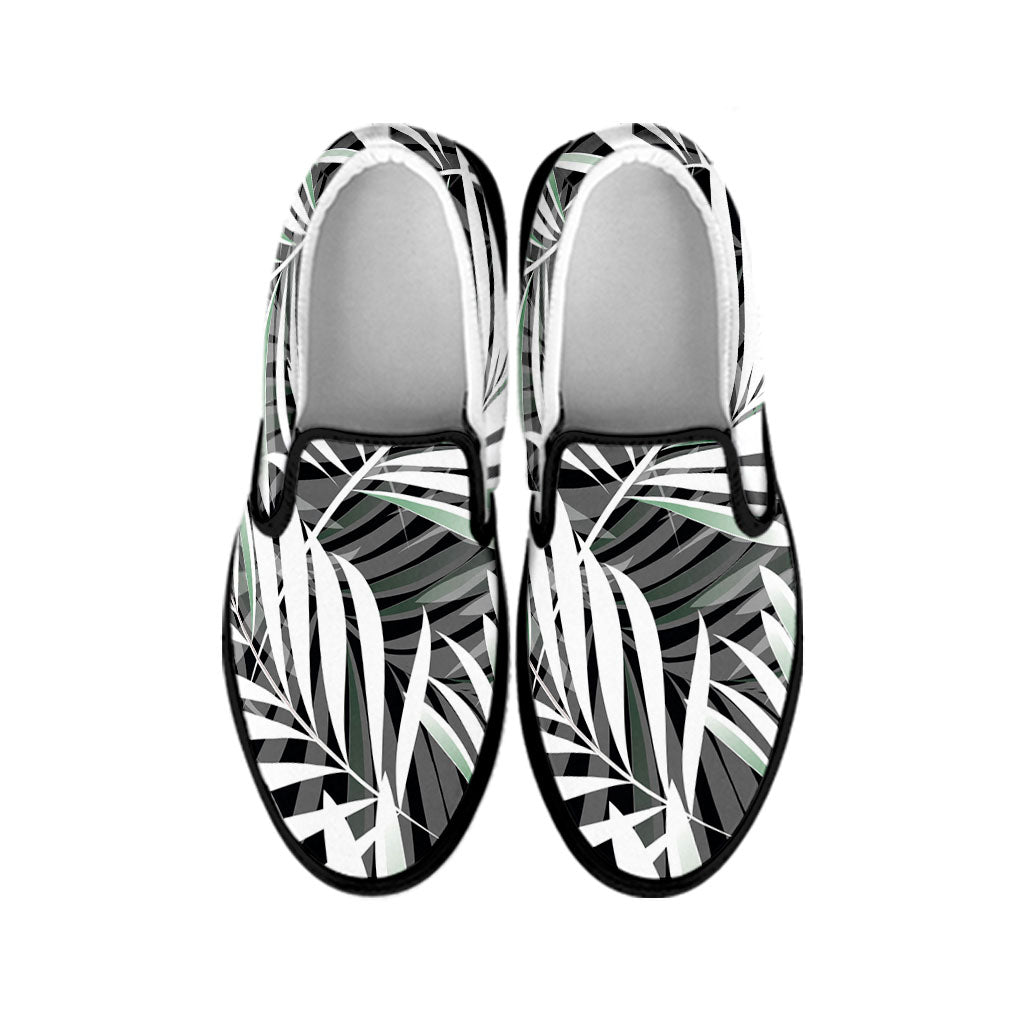 Black White Tropical Leaf Pattern Print Black Slip On Sneakers