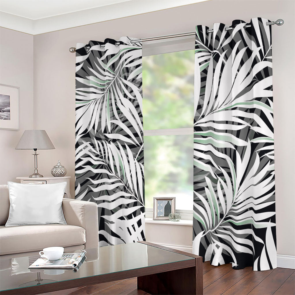 Black White Tropical Leaf Pattern Print Blackout Grommet Curtains