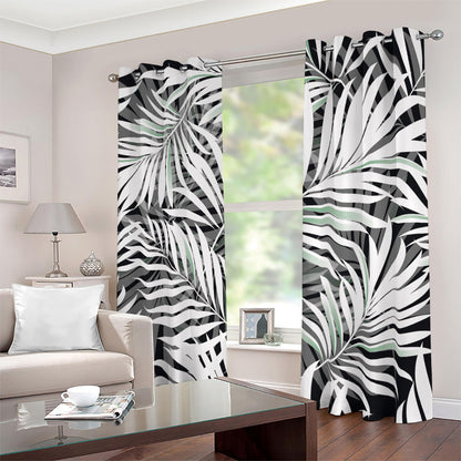 Black White Tropical Leaf Pattern Print Blackout Grommet Curtains