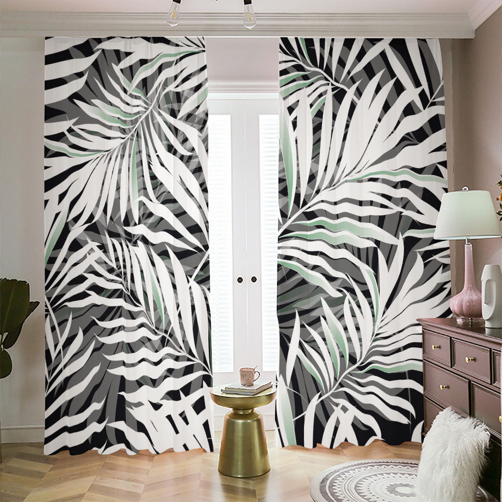 Black White Tropical Leaf Pattern Print Blackout Pencil Pleat Curtains