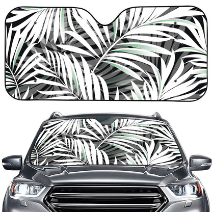 Black White Tropical Leaf Pattern Print Car Windshield Sun Shade