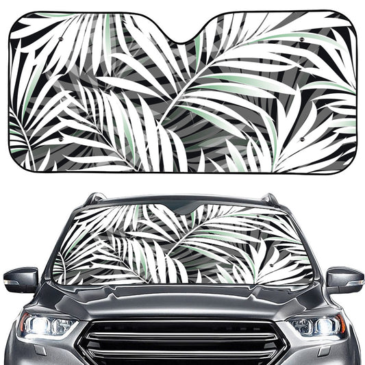 Black White Tropical Leaf Pattern Print Car Windshield Sun Shade