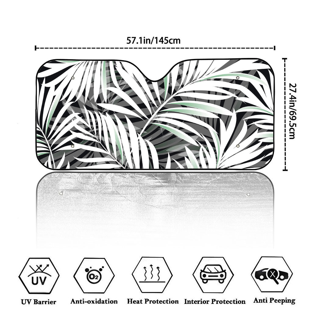 Black White Tropical Leaf Pattern Print Car Windshield Sun Shade
