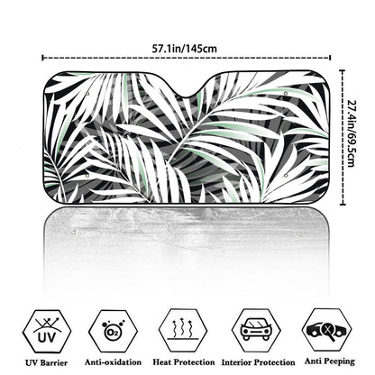 Black White Tropical Leaf Pattern Print Car Windshield Sun Shade