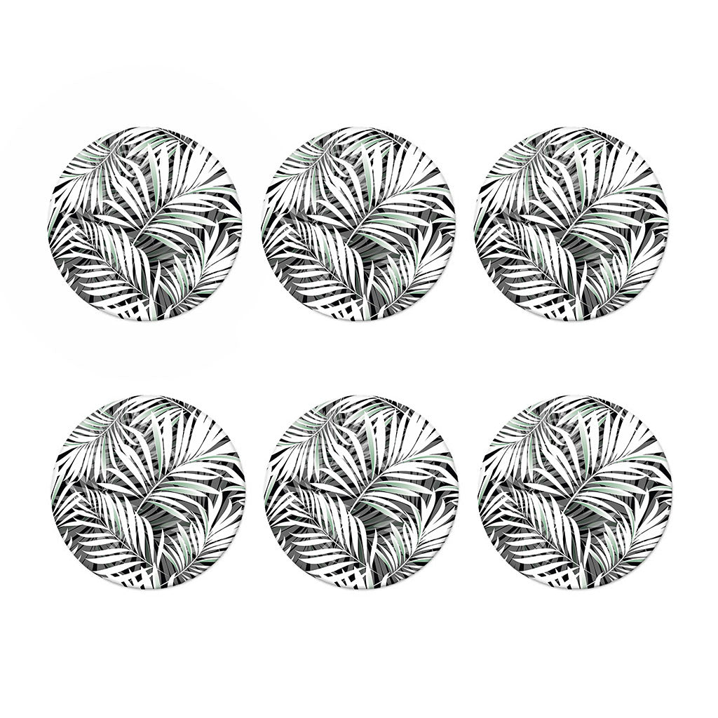 Black White Tropical Leaf Pattern Print Coaster Set