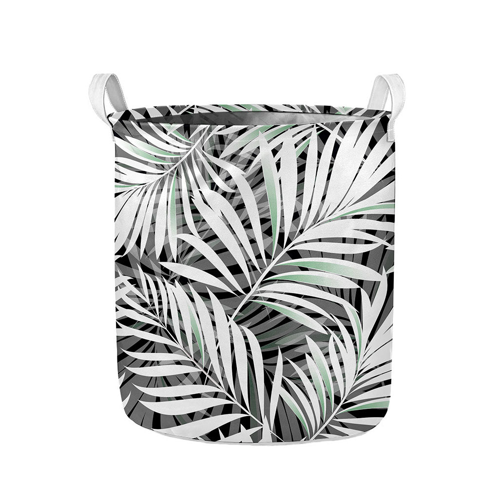 Black White Tropical Leaf Pattern Print Collapsible Laundry Basket