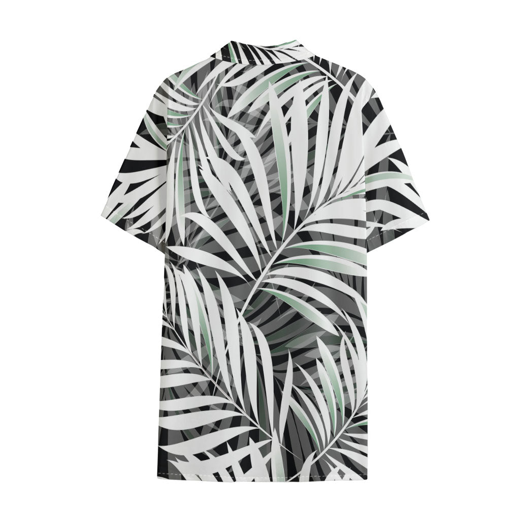 Black White Tropical Leaf Pattern Print Cotton Hawaiian Shirt